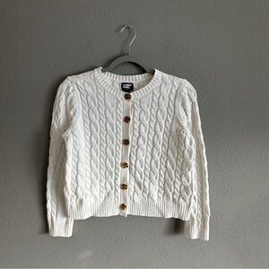 Lands' End 100% Cotton White Cable Knit Cardigan Small Petite
